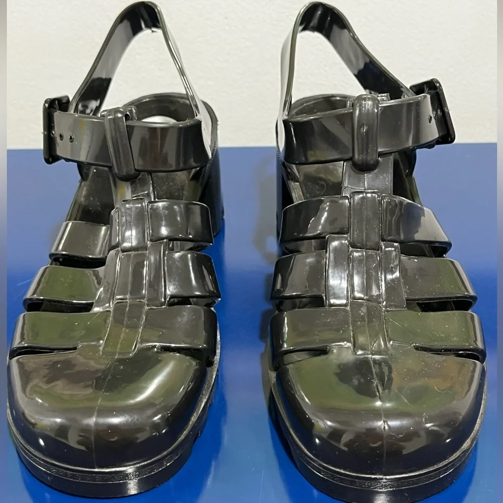 Juju Black Jelly Babe Sandals Sz 8 UK 6 Heels Woven Plastic Buckle Womens Shoes